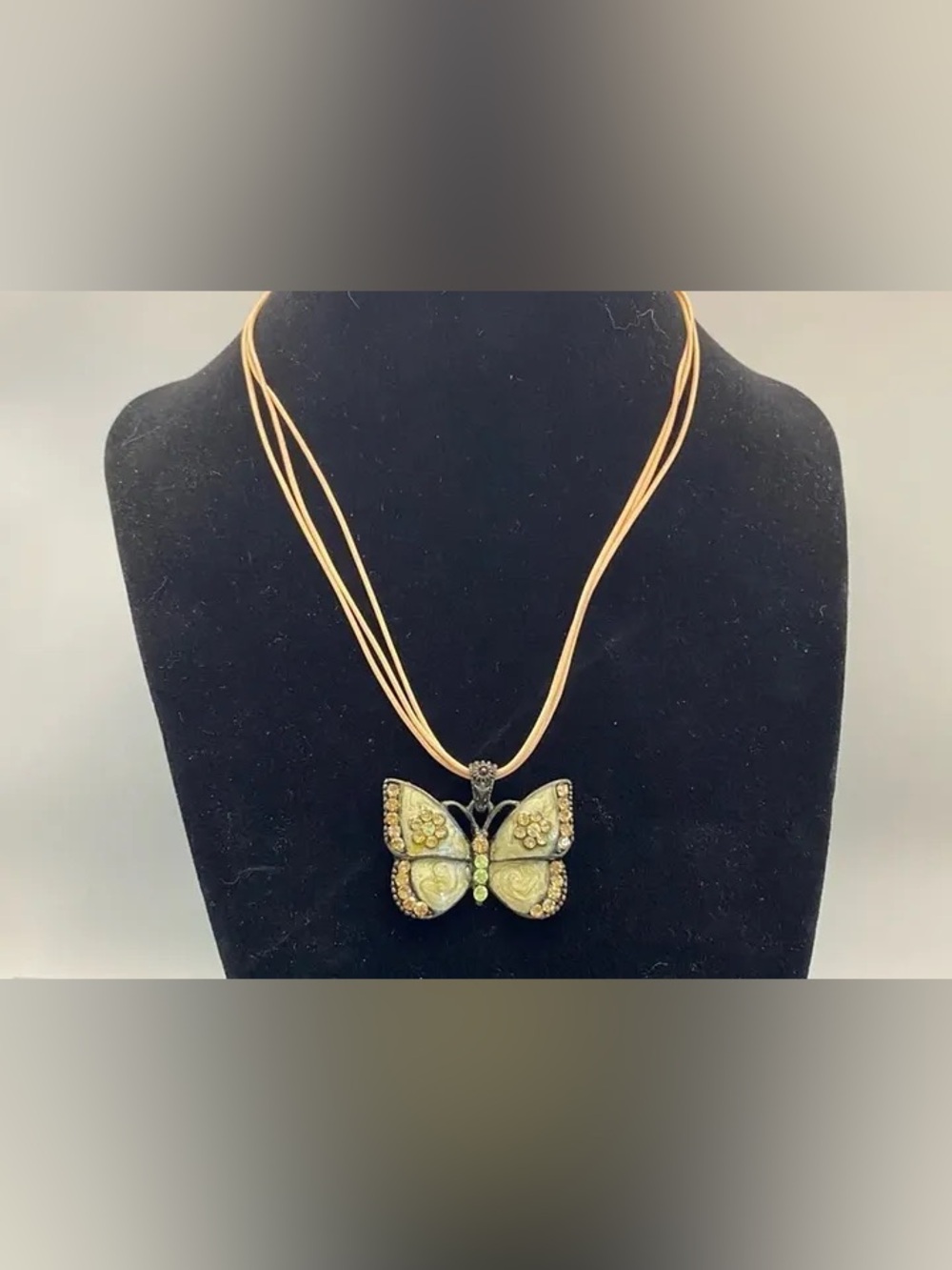 READ! Vintage VOLM Whimsical Enamel & Rhinestone Butterfly Pendant Necklace